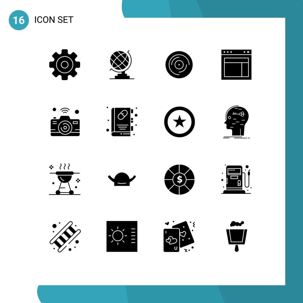 conjunto moderno de pictograma de 16 glifos sólidos de câmera web dj site design elementos de design de vetores editáveis