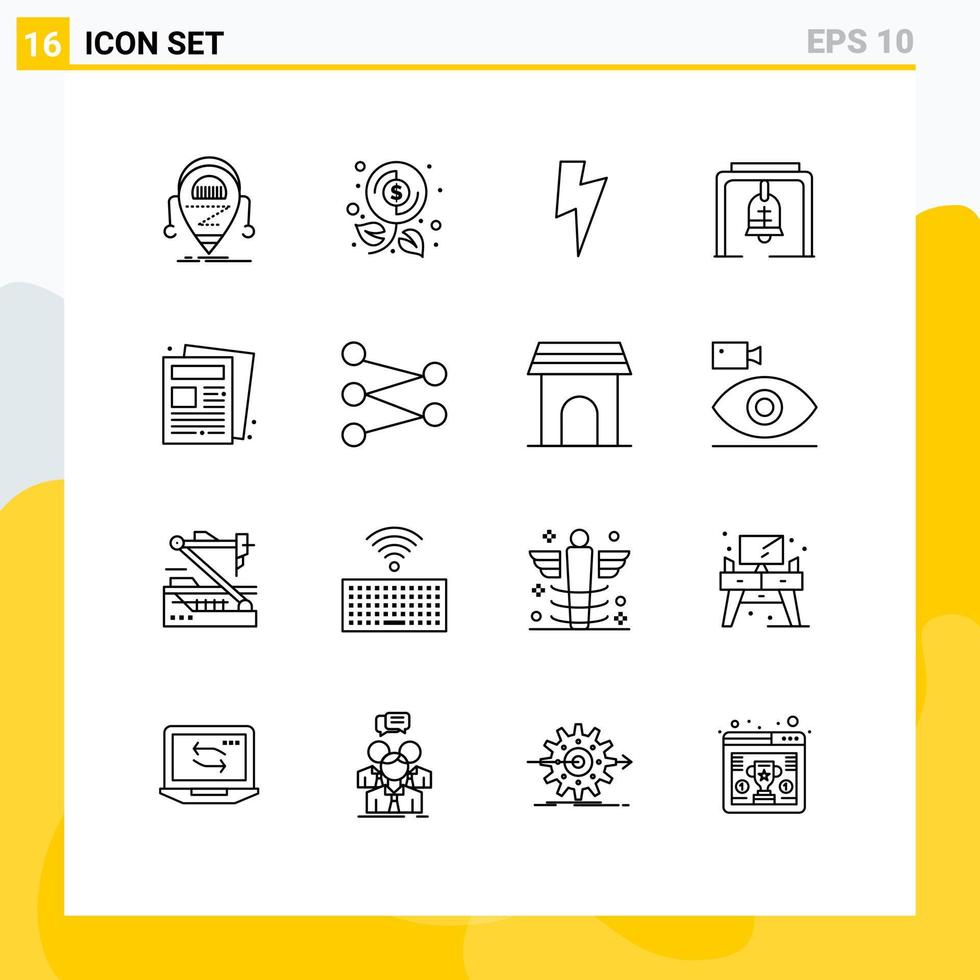 conjunto de pictogramas de 16 contornos simples de sino de igreja de jornal, lucro, alerta de sino de natal, elementos de design de vetores editáveis