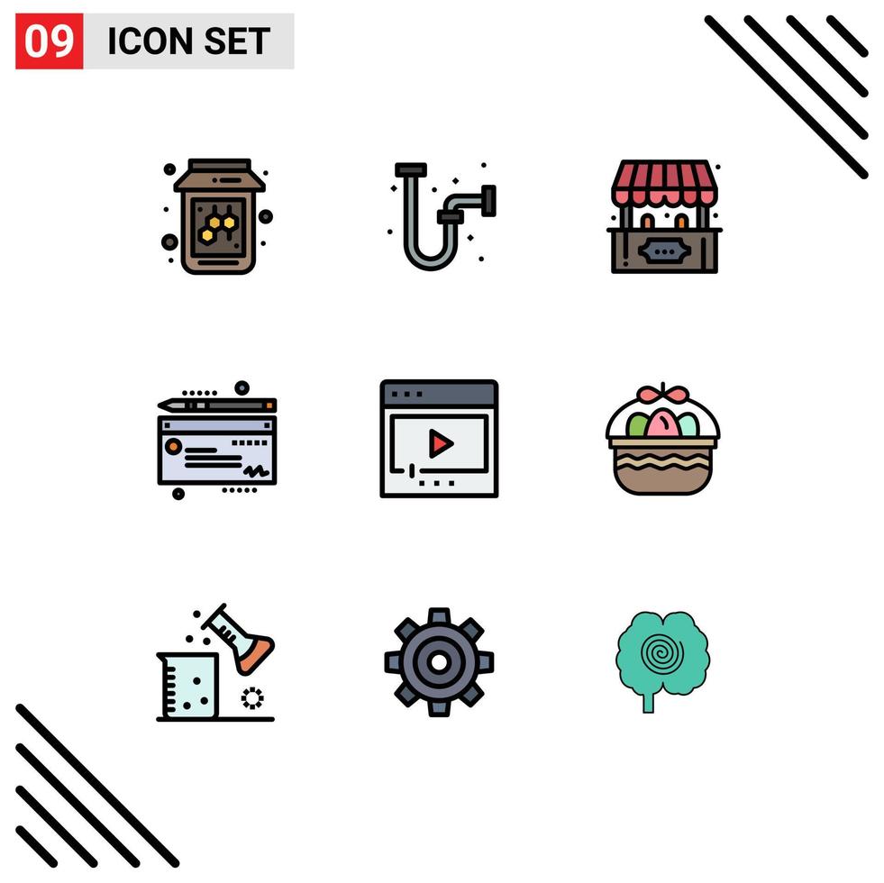 Pacote de cores planas de 9 linhas preenchidas de interface de usuário de sinais e símbolos modernos de elementos de design de vetores editáveis de filmes divertidos de mídia multimídia