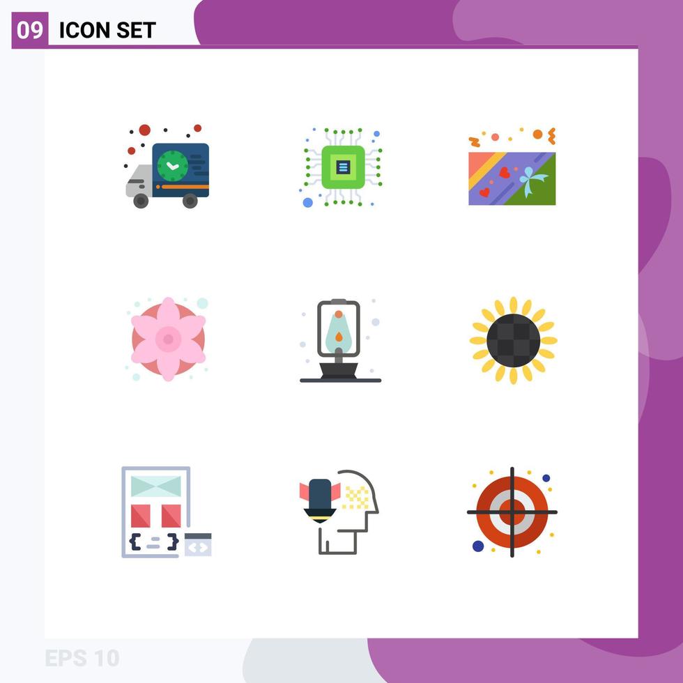 Pacote de cores planas de 9 interfaces de usuário de sinais e símbolos modernos de colheita, acampamento, lanterna de amor, flores, elementos de design vetorial editáveis vetor