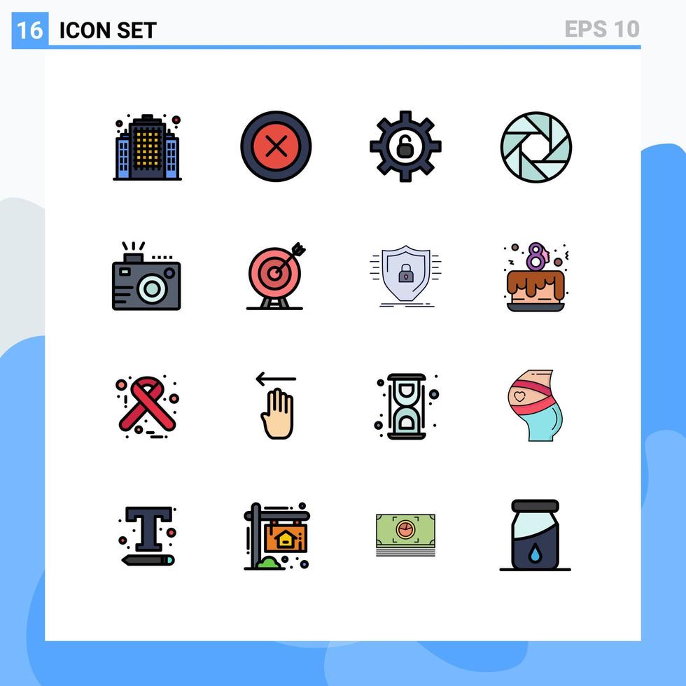 grupo de 16 linhas preenchidas de cores planas modernas definidas para câmera de segurança de lente de fotografia foco elementos de design de vetores criativos editáveis
