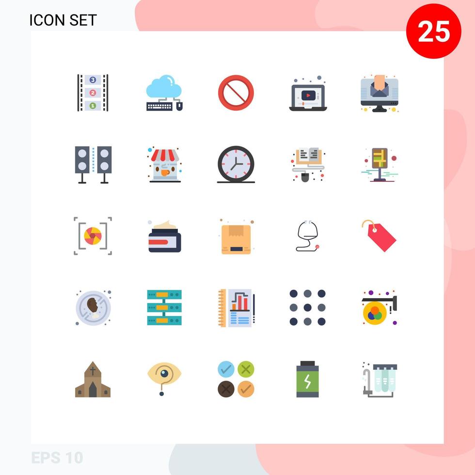 25 cores planas universais definidas para aplicativos da web e móveis carta de proibição de vídeo de música elementos de design de vetores editáveis