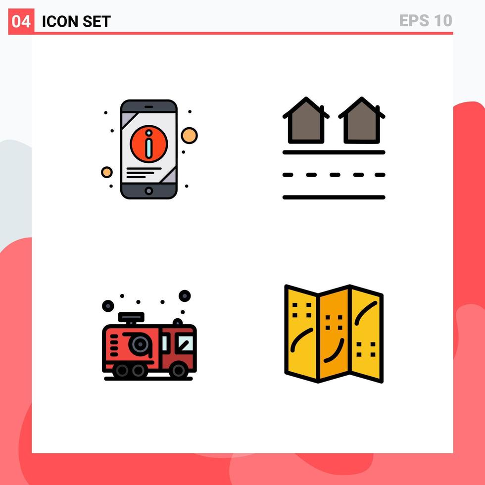 grupo de símbolos de ícone universal de 4 cores planas de linhas preenchidas modernas de informações de carcaça de telefone de carro fogo elementos de design de vetores editáveis