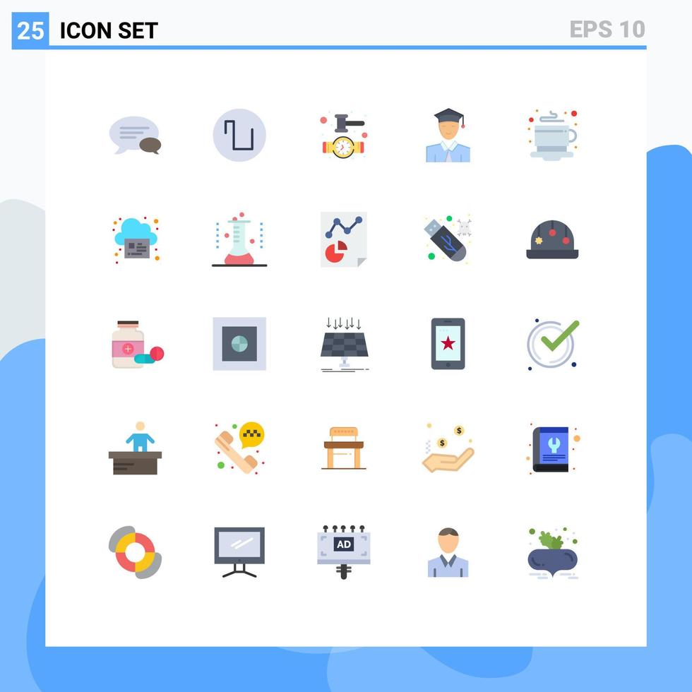 pacote de 25 sinais e símbolos modernos de cores planas para mídia impressa na web, como café quente, relógio de café da manhã, pós-graduação, elementos de design vetorial editável vetor