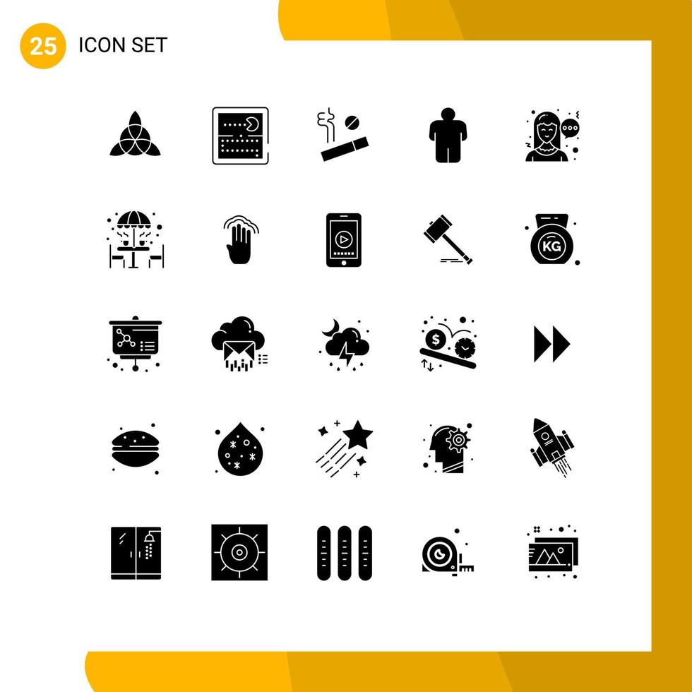 grupo de 25 sinais e símbolos de glifos sólidos para o usuário de comunicação de fumaça de café elementos de design de vetores editáveis
