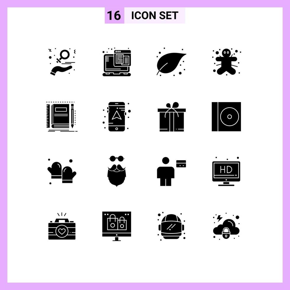 conjunto de 16 sinais de símbolos de ícones de interface do usuário modernos para livro homem de gengibre web planta de gengibre elementos de design de vetores editáveis