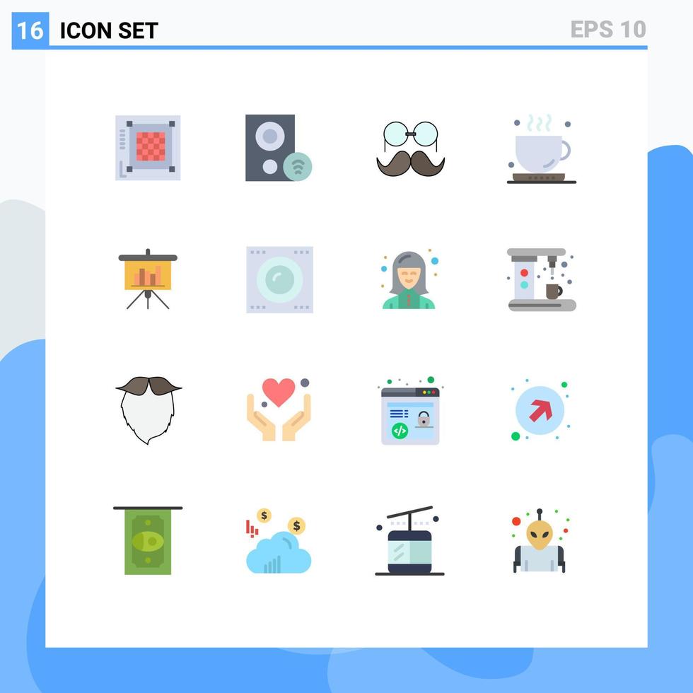 pacote de 16 sinais e símbolos modernos de cores planas para mídia impressa na web, como pacote editável de elementos de design de vetor criativo para homens de café de escritório