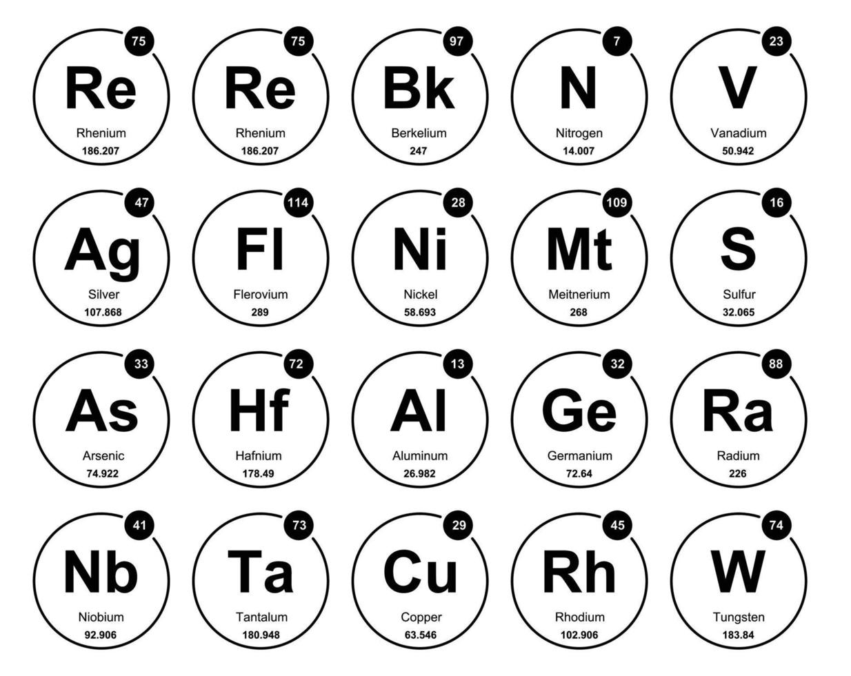 20 tabela periódica do design do pacote de ícones de elementos vetor