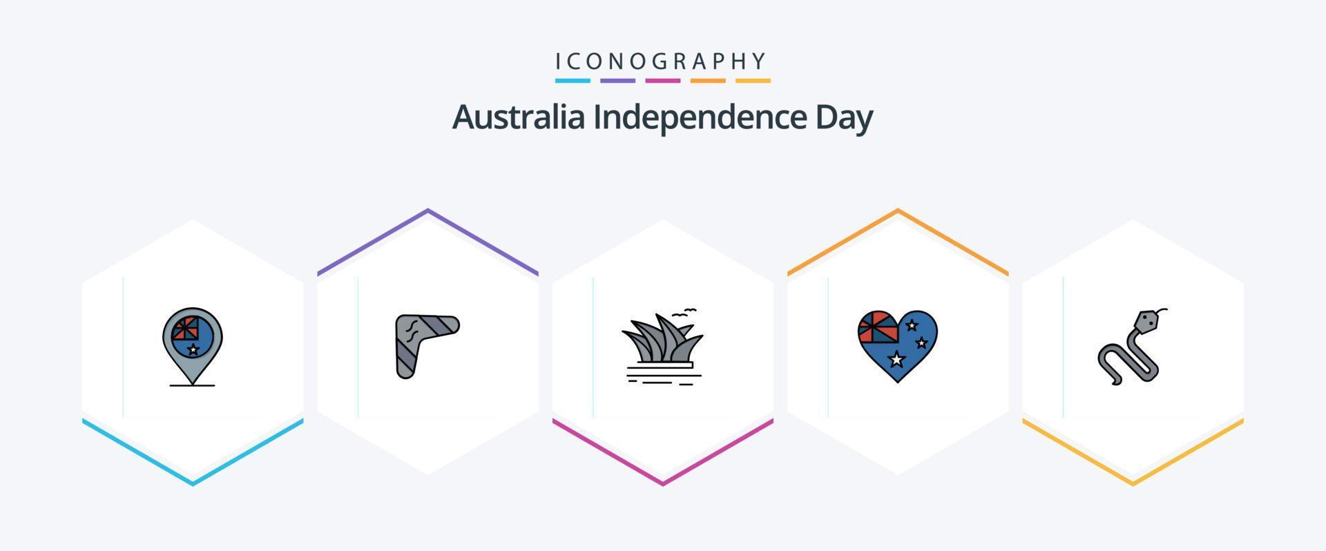 dia da independência da austrália 25 pacote de ícones de linha preenchida, incluindo país. sydney. indígena. ópera. cultura vetor