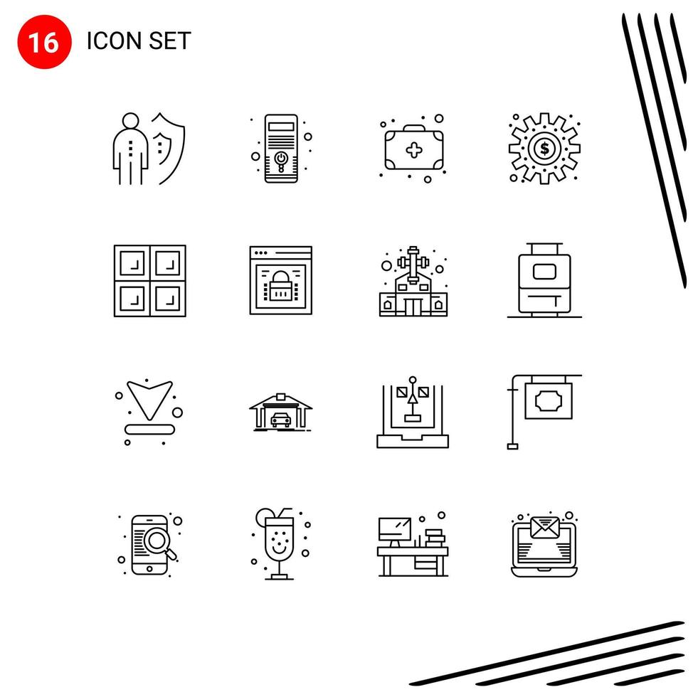 pacote de ícones vetoriais de estoque de 16 sinais e símbolos de linha para sistema de processo de construção dinheiro engrenagens elementos de design vetorial editáveis vetor