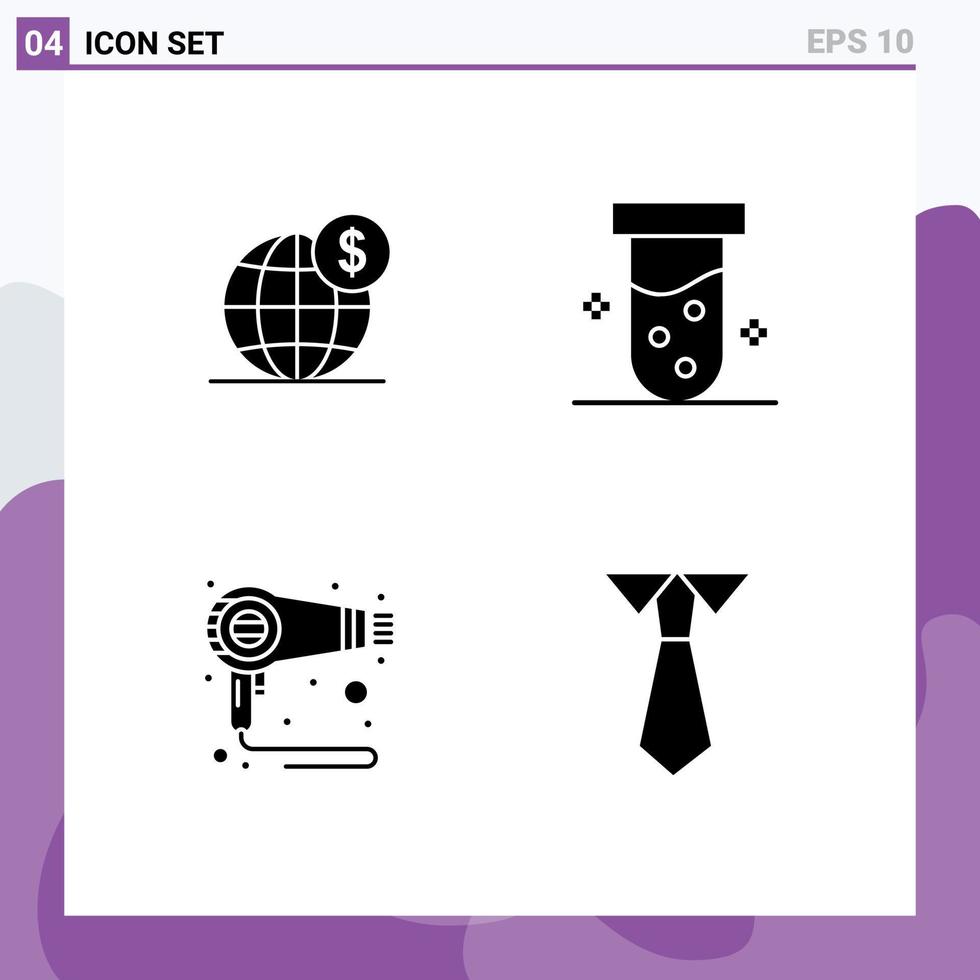 4 ícones criativos, sinais e símbolos modernos de secador de dólar, globo, laboratório, cabelo, elementos de design de vetores editáveis