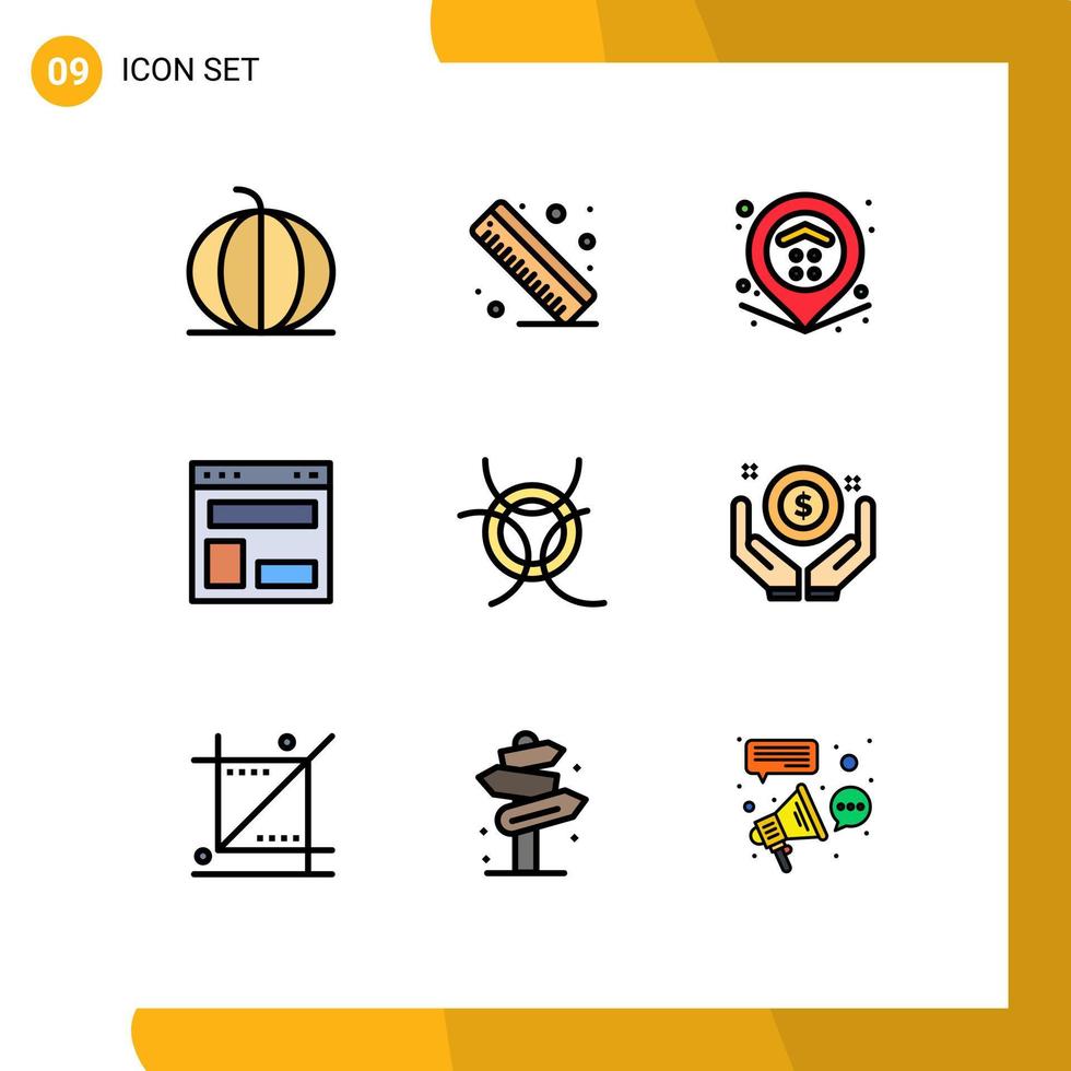 grupo de símbolos de ícone universal de 9 cores planas de linhas preenchidas modernas de perigo localização do site layout da web layout do blog elementos de design vetorial editável vetor