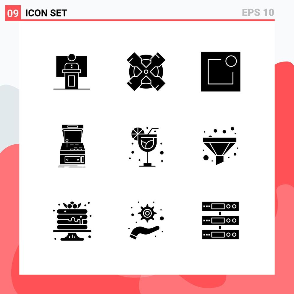 conjunto de glifos sólidos de interface móvel de 9 pictogramas de elementos de design de vetores editáveis de notificação de console de ferramenta de jogo