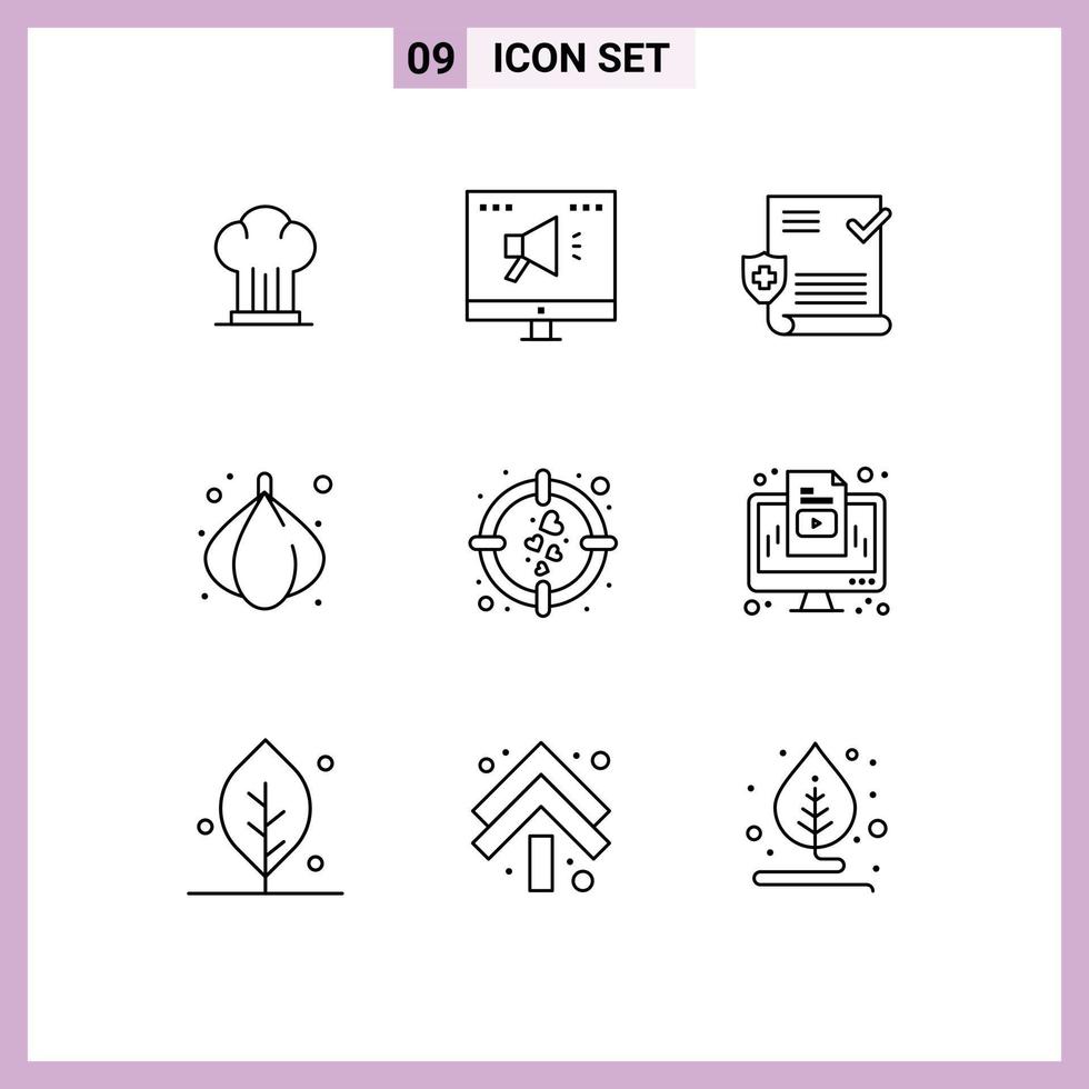 pacote de esboço de 9 símbolos universais de elementos de design de vetores editáveis de escudo de cebola on-line vegetal de amor