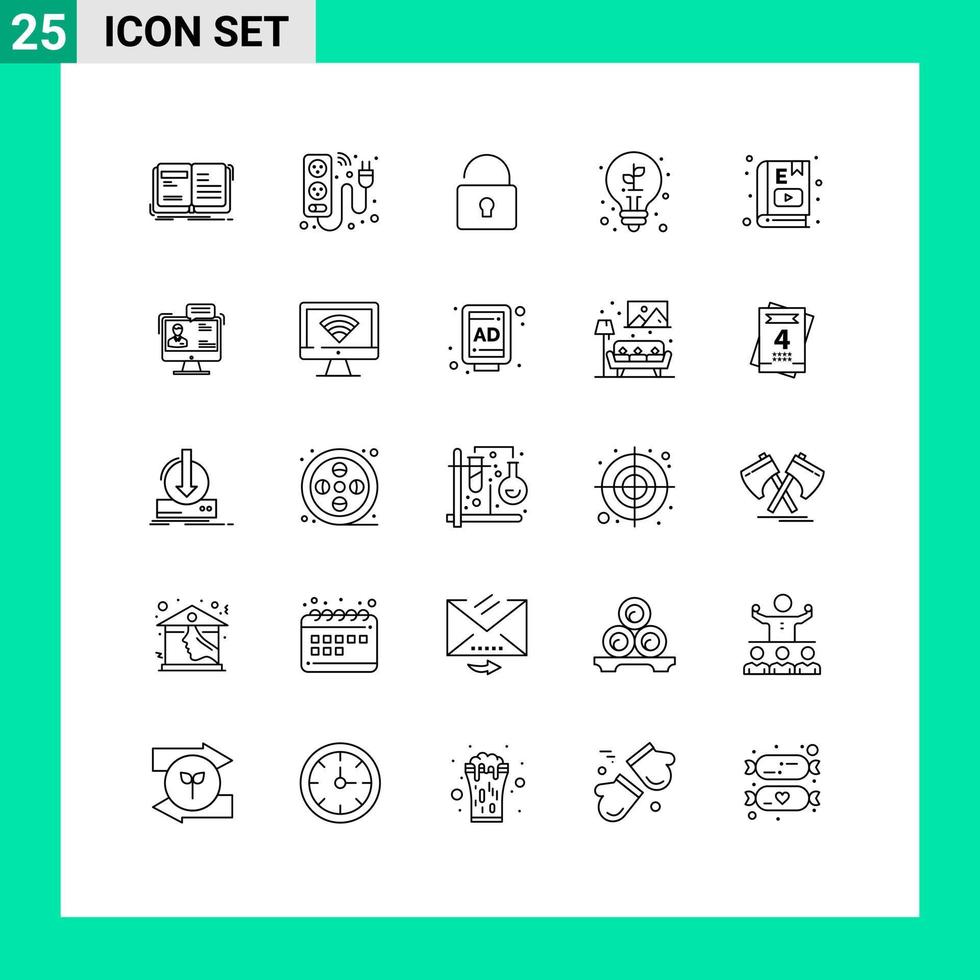 pacote de linha vetorial editável de 25 linhas simples de e-book luz eletricidade deixa elementos de design vetorial editáveis de segurança vetor