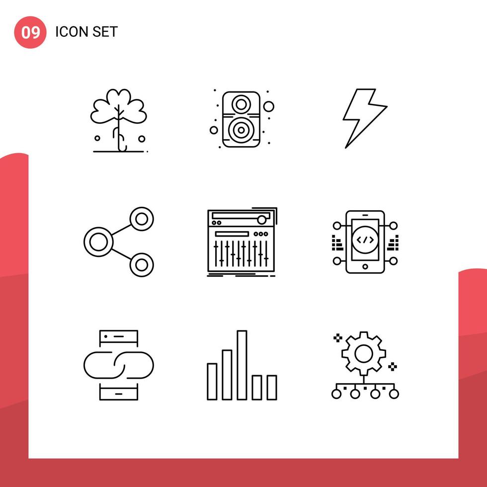 pacote de linha vetorial editável de 9 contornos simples de rede de alto-falantes de compartilhamento de controle conectar elementos de design vetorial editável vetor