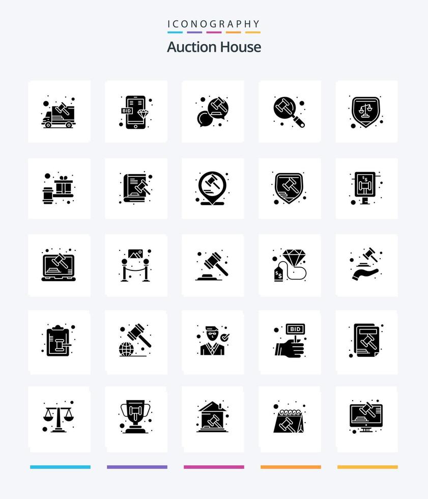 pacote de ícones preto sólido de 25 glifos de leilão criativo, como pesquisa. advogado. Smartphone. lei. comunicação vetor