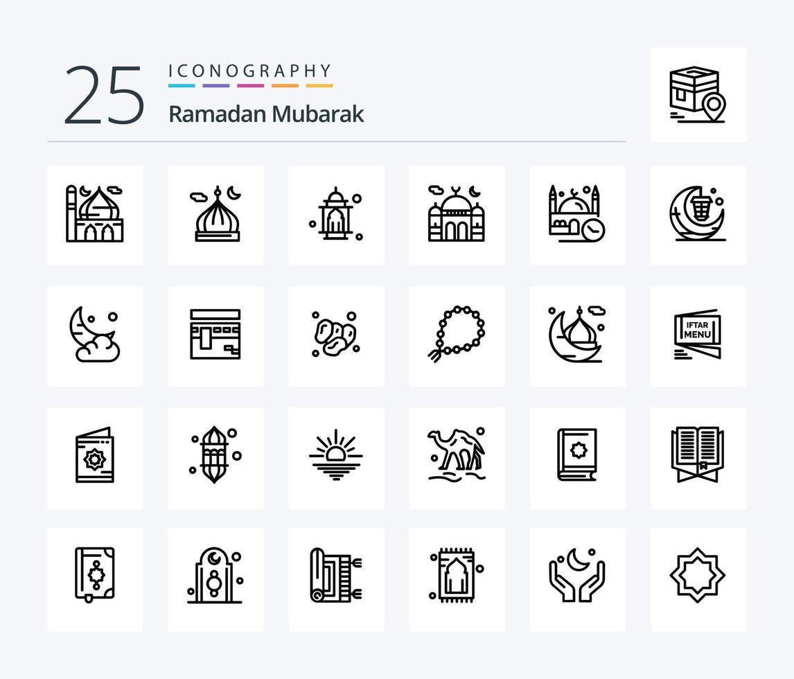 Pacote de ícones de 25 linhas do Ramadã, incluindo o Ramadã. lua. rezar. creent. lâmpada vetor