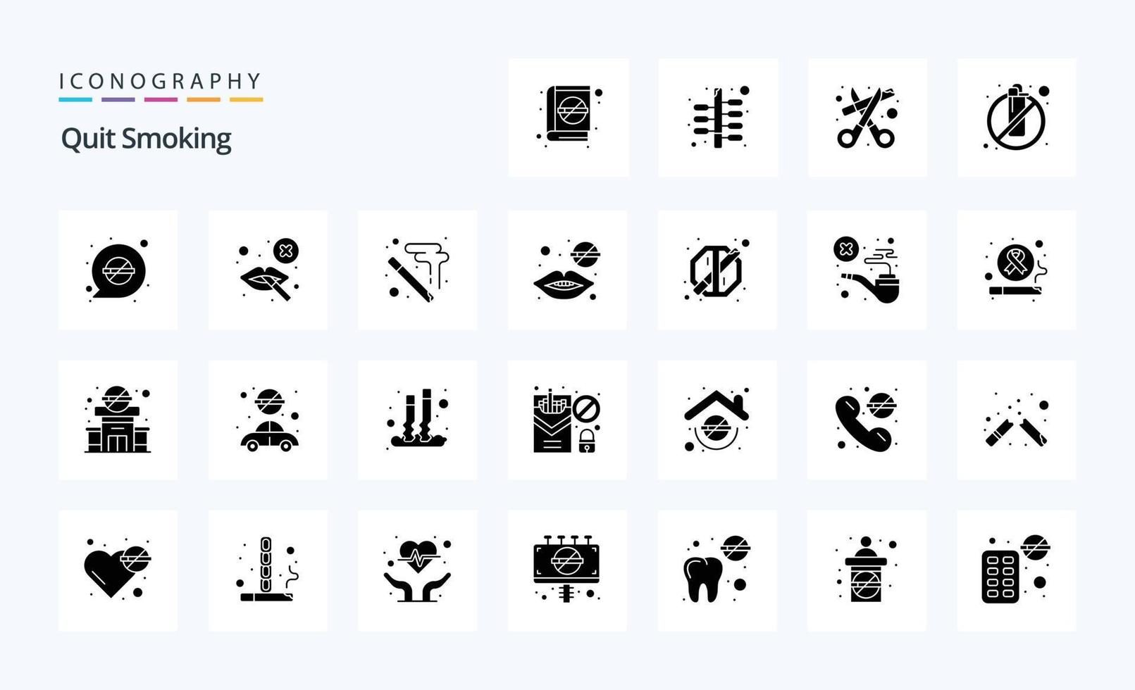 25 parar de fumar pacote de ícones de glifos sólidos vetor