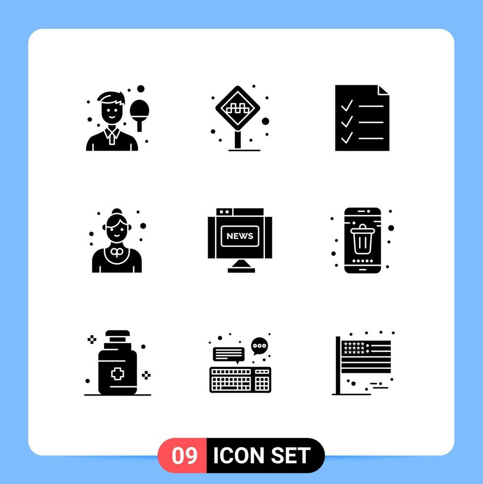 9 interface do usuário pacote de glifos sólidos de sinais e símbolos modernos de empregado de táxi de restaurante de garçonete elementos de design de vetores editáveis