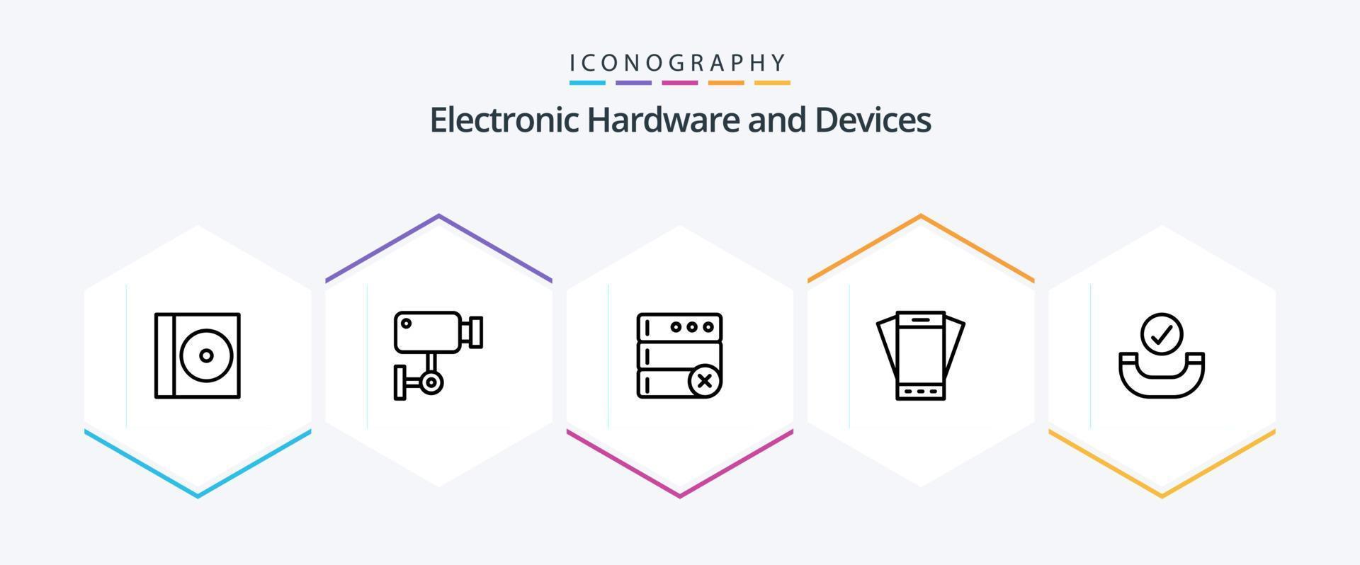 Pacote de ícones de 25 linhas de dispositivos, incluindo verificado. inclinar. base de dados. Smartphone. móvel vetor