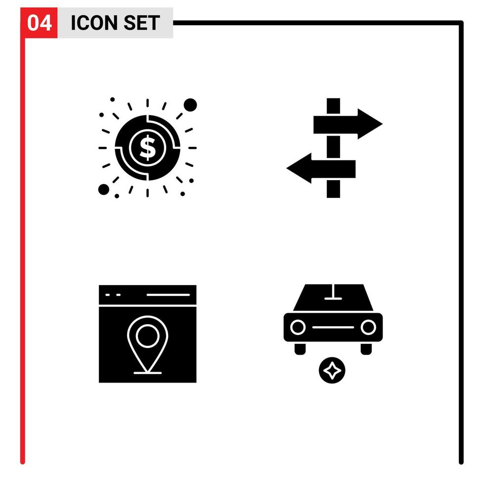 conjunto moderno de 4 glifos e símbolos sólidos, como elementos de design vetorial editáveis de carro de viagem de brilho de mapa bancário vetor