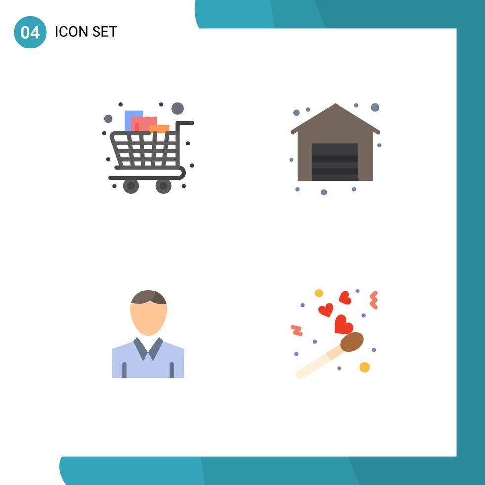 grupo de 4 ícones planos modernos definidos para carrinho de compras humano, pessoa de compras, elementos de design de vetores editáveis