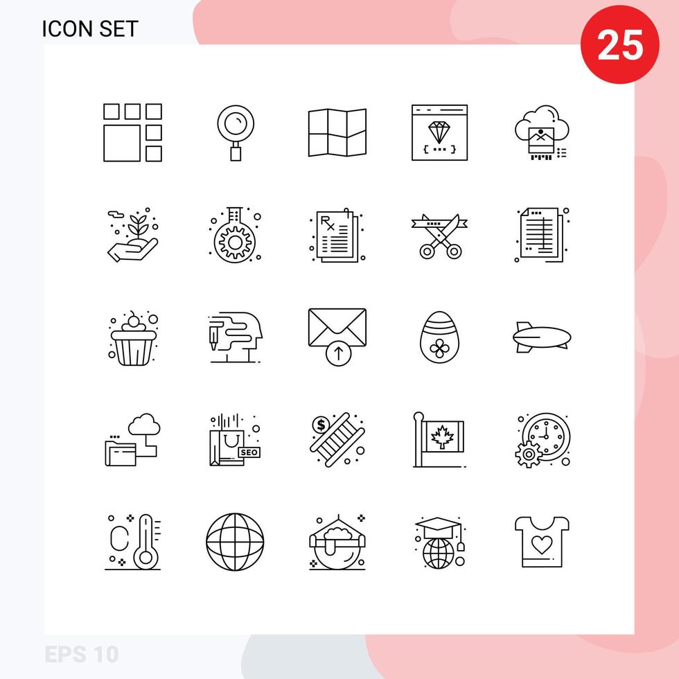 conjunto moderno de pictograma de 25 linhas de desenvolvimento de localização de foto de arquivo, codificação de elementos de design de vetores editáveis