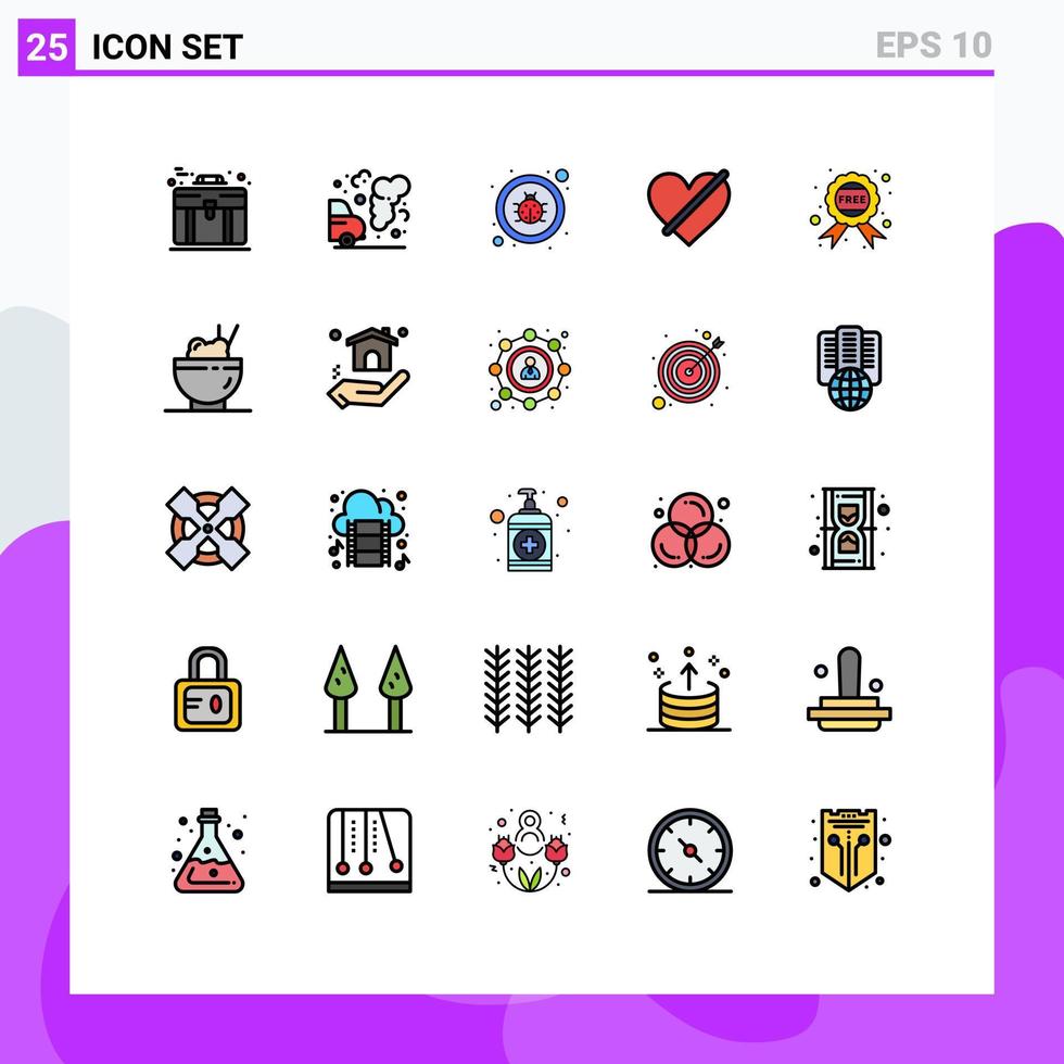 pacote de 25 sinais e símbolos modernos de cores planas de linha preenchida para mídia impressa na web, como crachá amor inseto coração negado elementos de design vetorial editável vetor