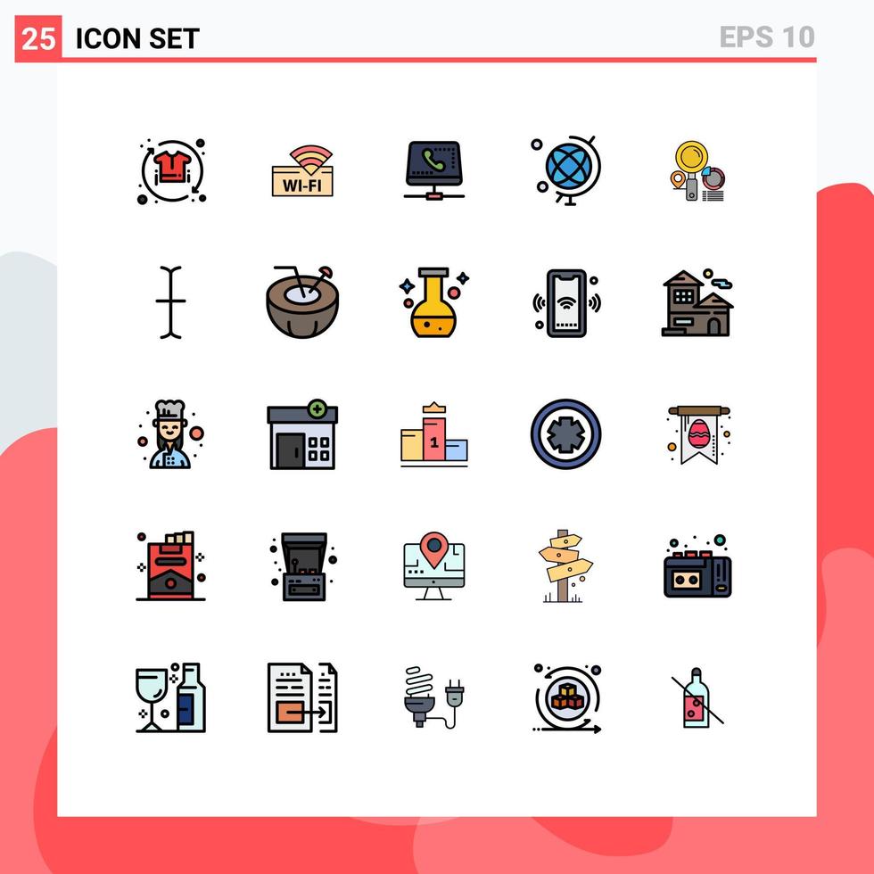 pacote de cores planas de linha preenchida de 25 símbolos universais de pesquisa geografia dispositivo educação on-line elementos de design de vetores editáveis