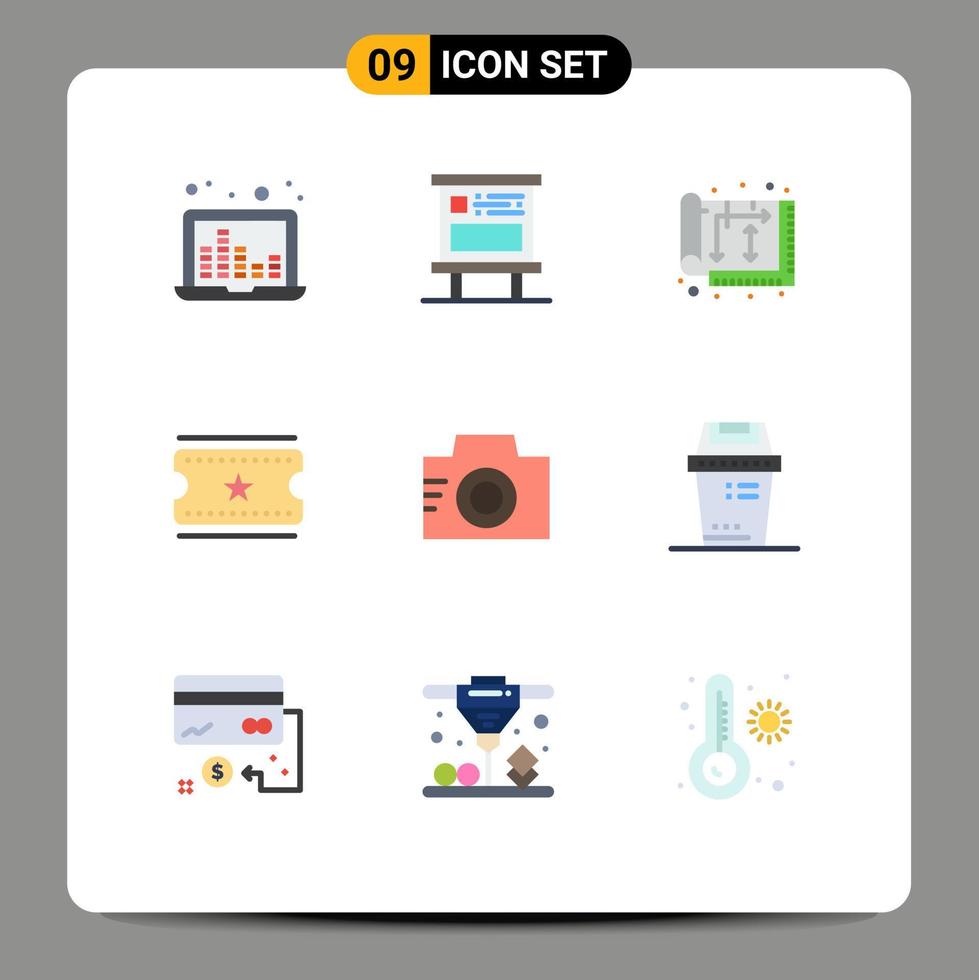 conjunto de cores planas de interface móvel de 9 pictogramas de ingressos de filme de câmera ingressos de cinema púbicos abrigam elementos de design de vetores editáveis