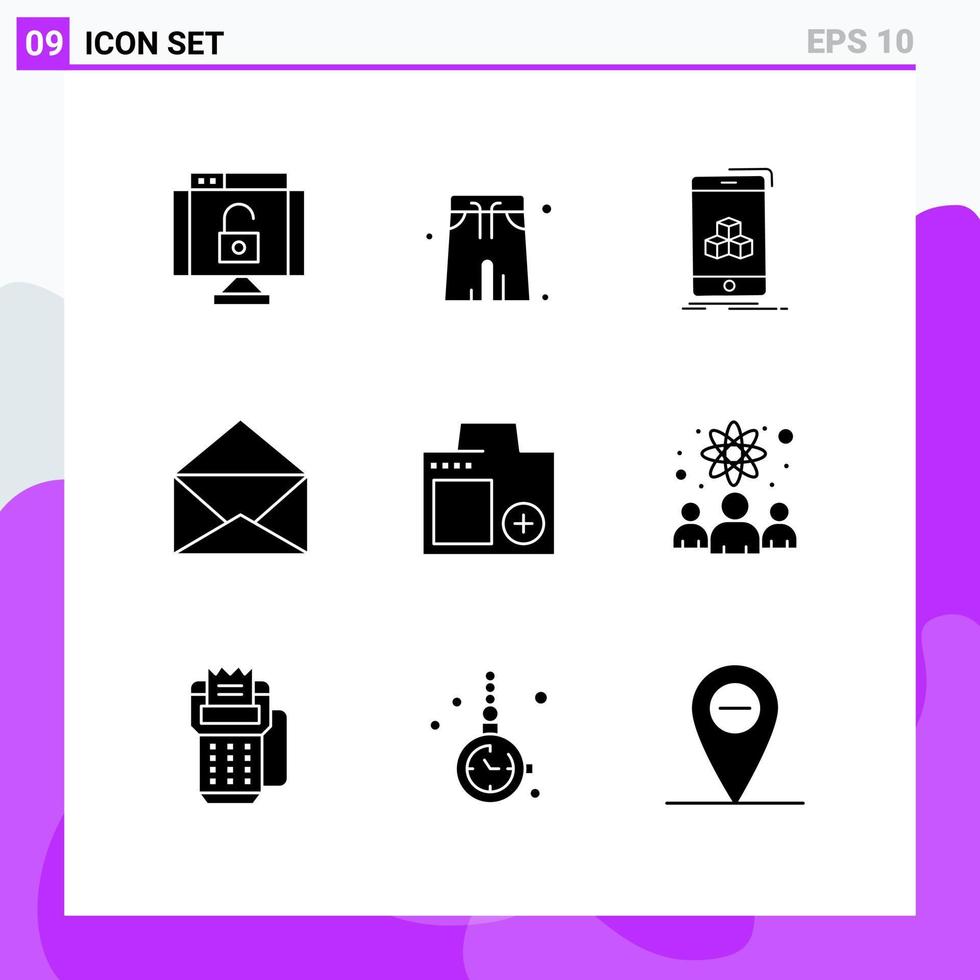 9 glifos sólidos vetoriais temáticos e símbolos editáveis de elementos de design de vetores editáveis de correio de câmera de cubo de dispositivos fotográficos