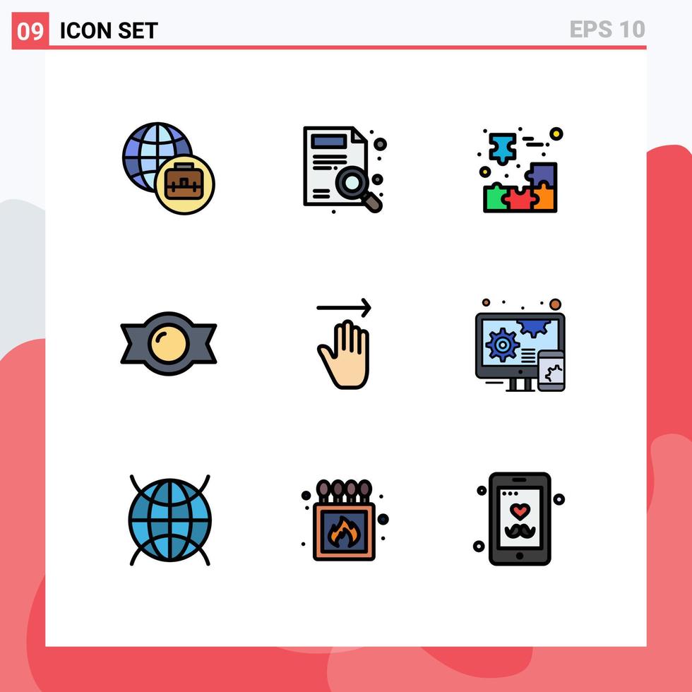 pacote de cores planas de linha preenchida de 9 símbolos universais de gestos adaptativos quebra-cabeça seta doce elementos de design de vetores editáveis