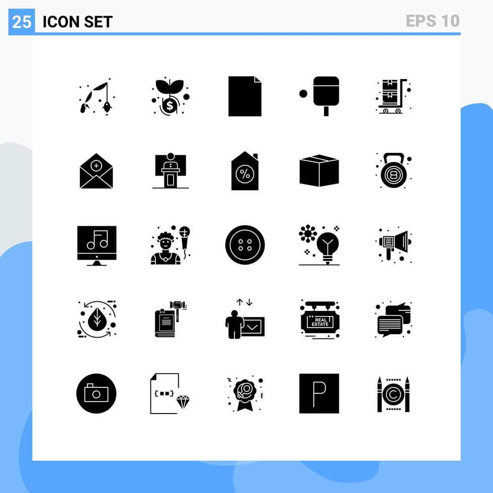 pacote de 25 sinais e símbolos de glifos sólidos modernos para mídia impressa na web, como correio, adicionar arquivo, carrinho de compras, compras, elementos de design de vetores editáveis