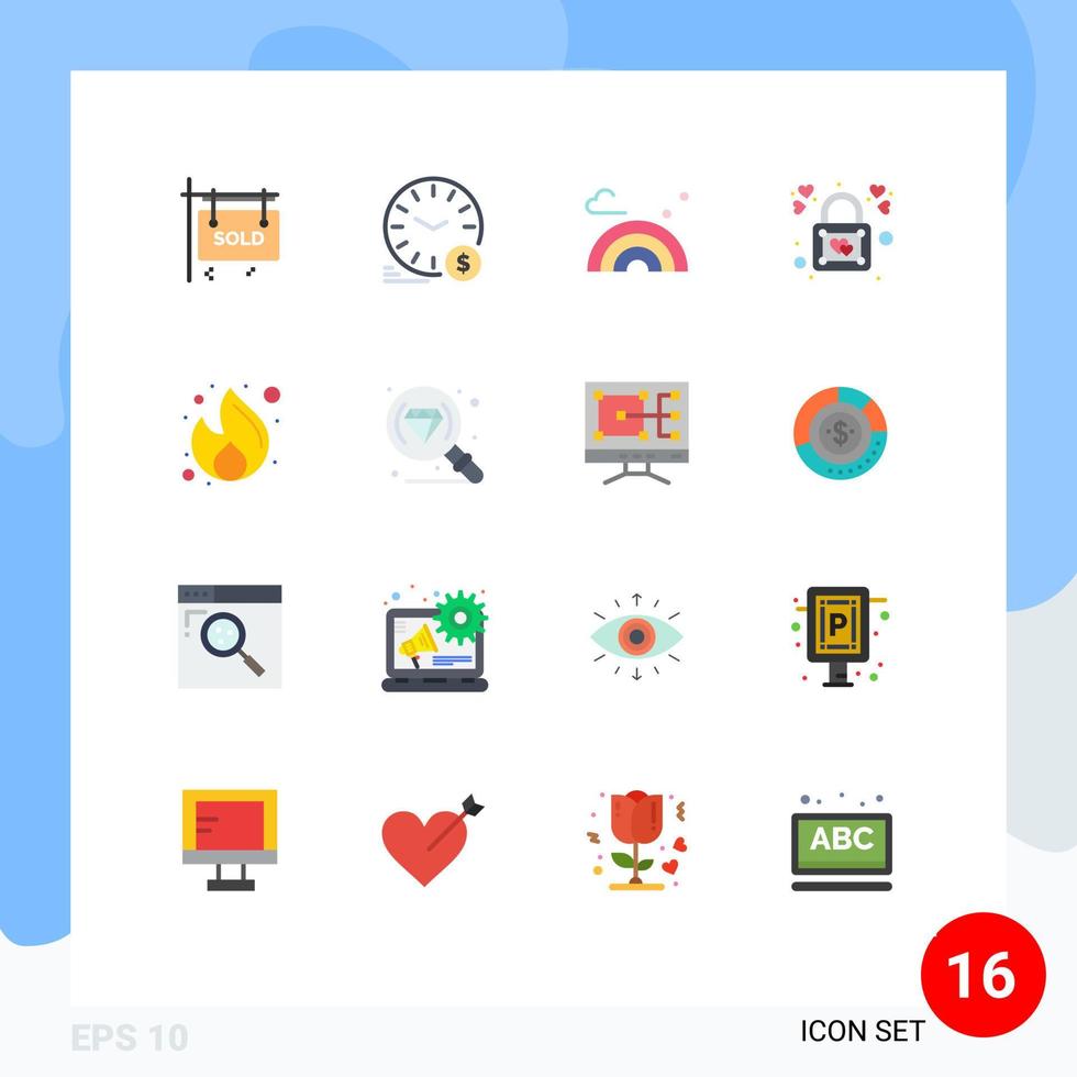 Pacote de cores planas de 16 interfaces de usuário de sinais e símbolos modernos de pacote editável de onda de bloqueio de moeda de amor comercial de elementos de design de vetores criativos