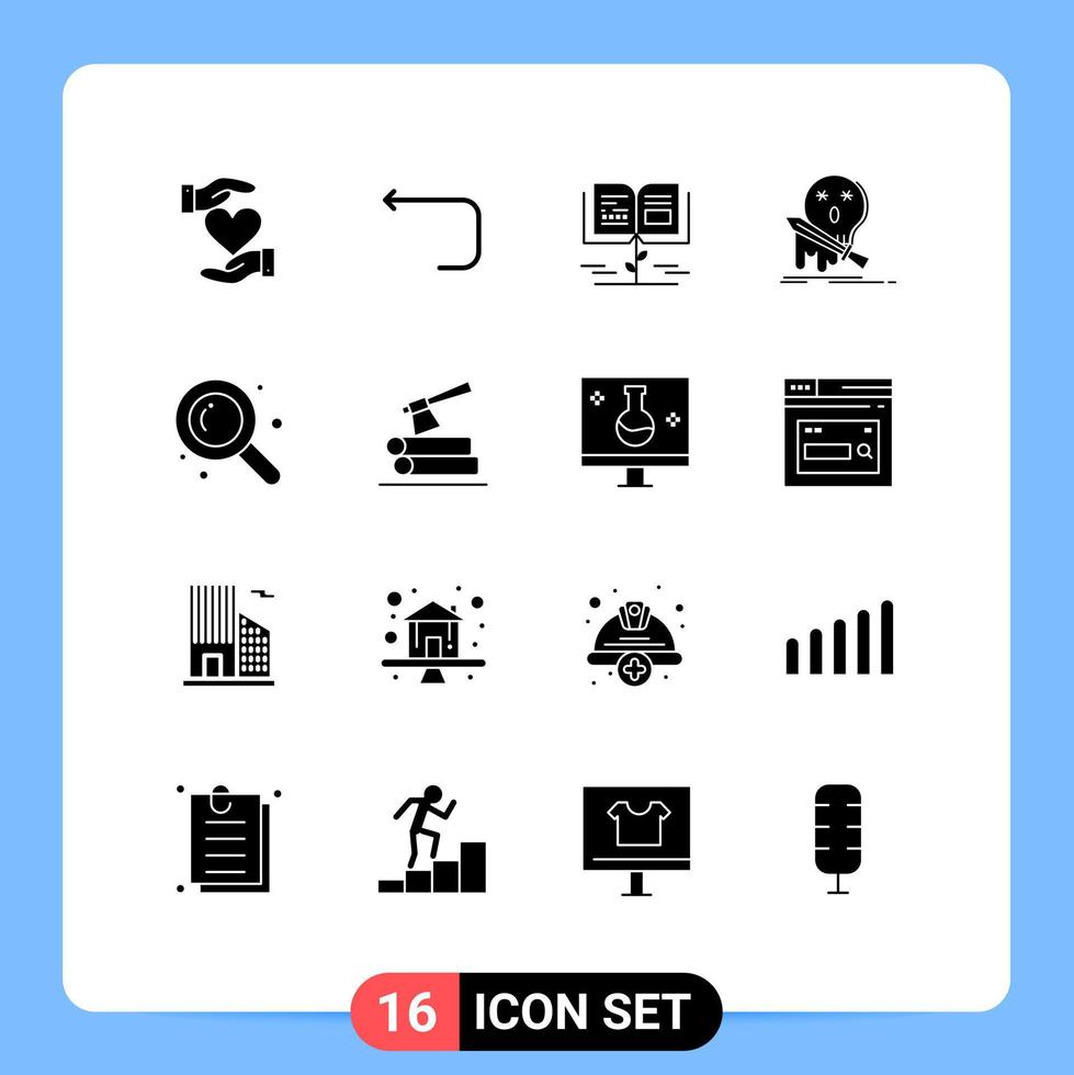 conjunto de glifos sólidos de interface móvel de 16 pictogramas de jogo de espada de volta frag educação elementos de design de vetores editáveis