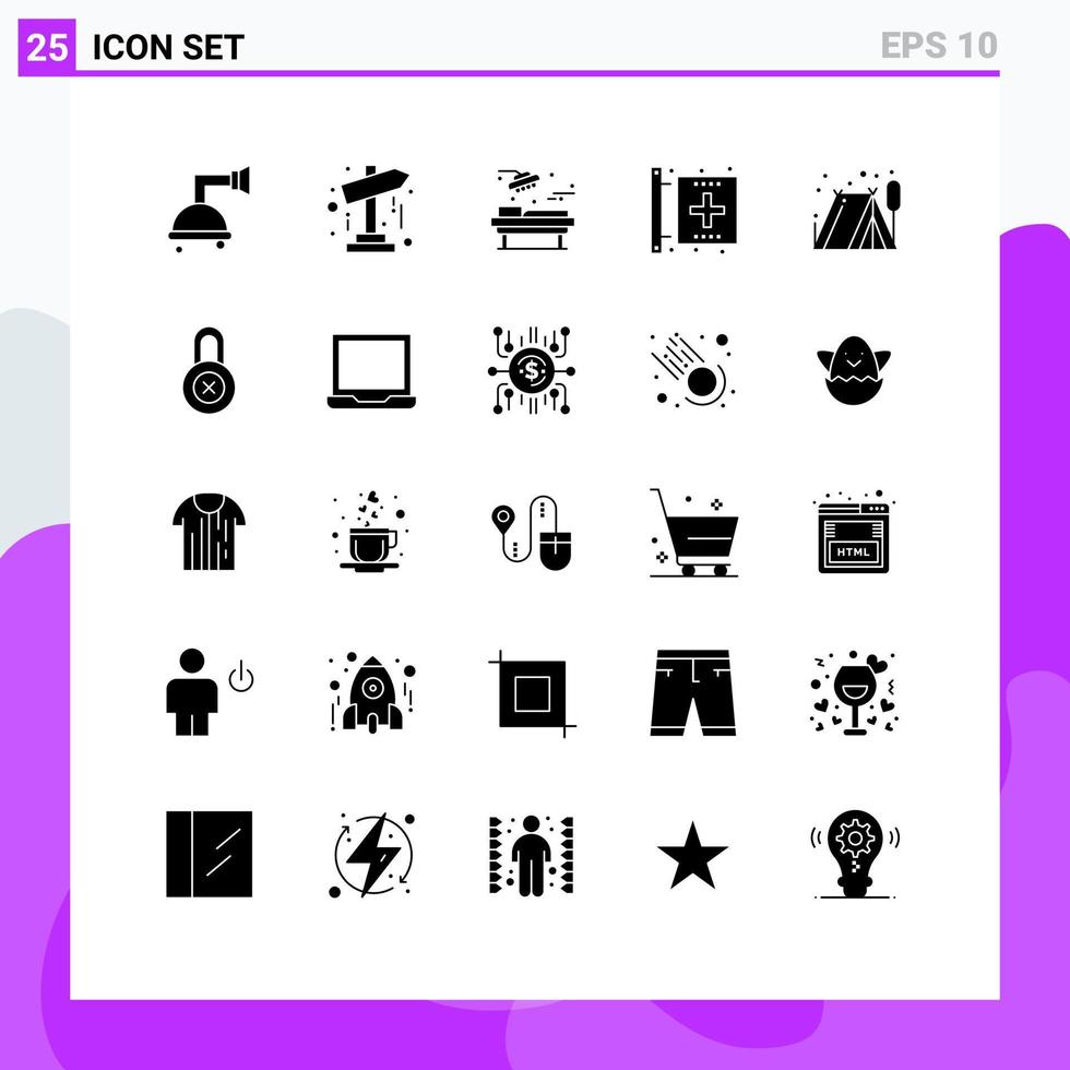 conjunto de glifos sólidos de interface móvel de 25 pictogramas de elementos de design de vetores editáveis de forma médica de saúde ao ar livre