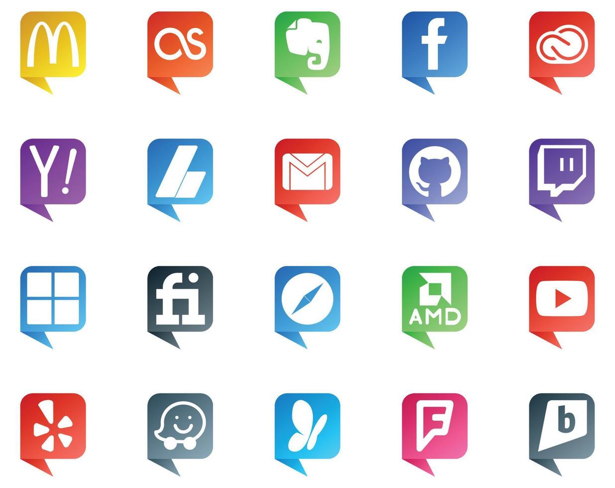 20 logotipo de estilo de bolha de fala de mídia social como fiverr twitch search github email vetor