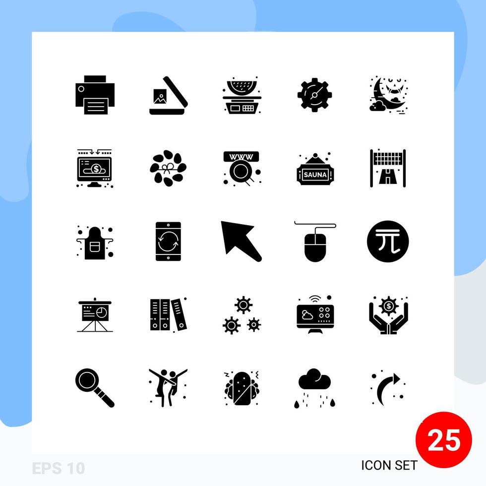 pacote de 25 sinais e símbolos de glifos sólidos modernos para mídia impressa na web, como engrenagem de timer de comida de halloween noturno, elementos de design de vetores editáveis