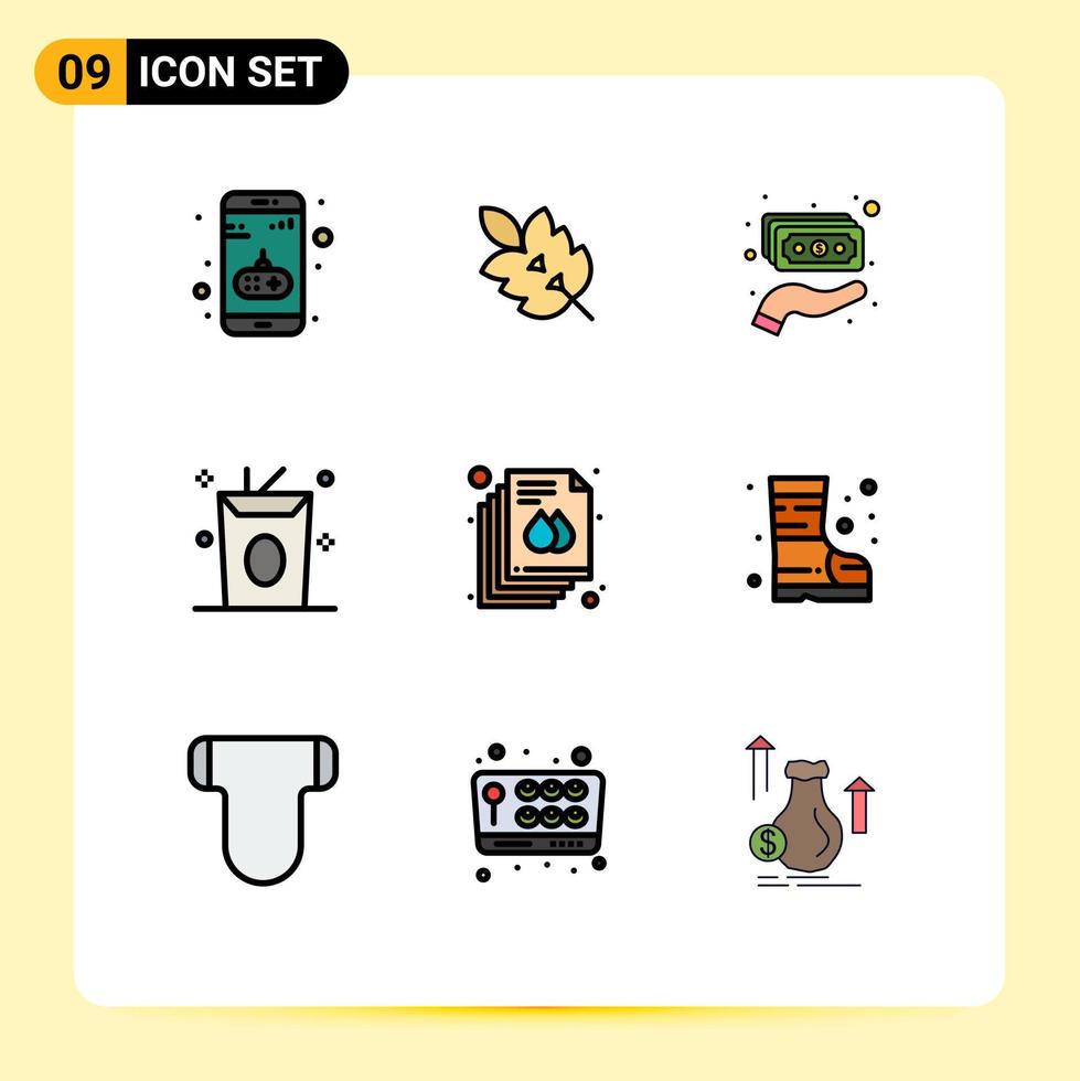 pacote de interface do usuário de 9 cores planas básicas de linhas preenchidas de documentos comida bebidas primavera dinheiro elementos de design vetorial editáveis vetor