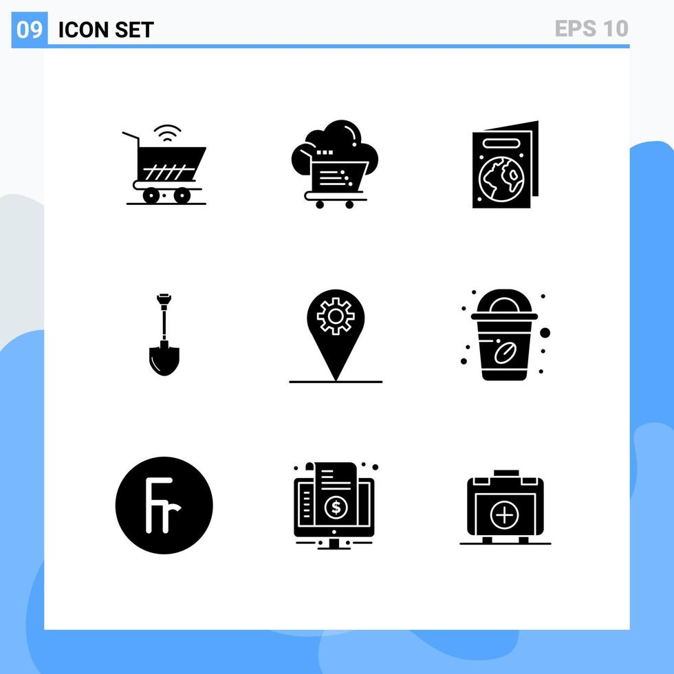 grupo de 9 sinais e símbolos de glifos sólidos para reparação de negócios trolley ferramenta showel elementos de design de vetores editáveis