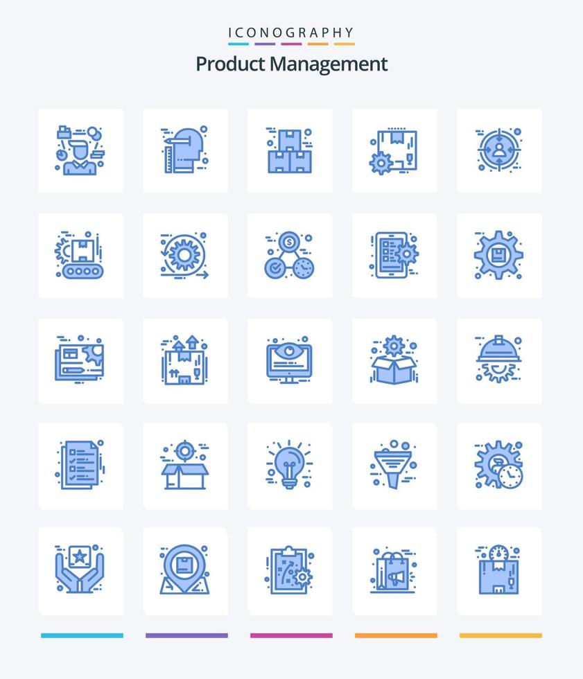 gerenciamento de produtos criativos 25 pacote de ícones azuis, como engrenagem. caixa. escala. Produção. indústria vetor