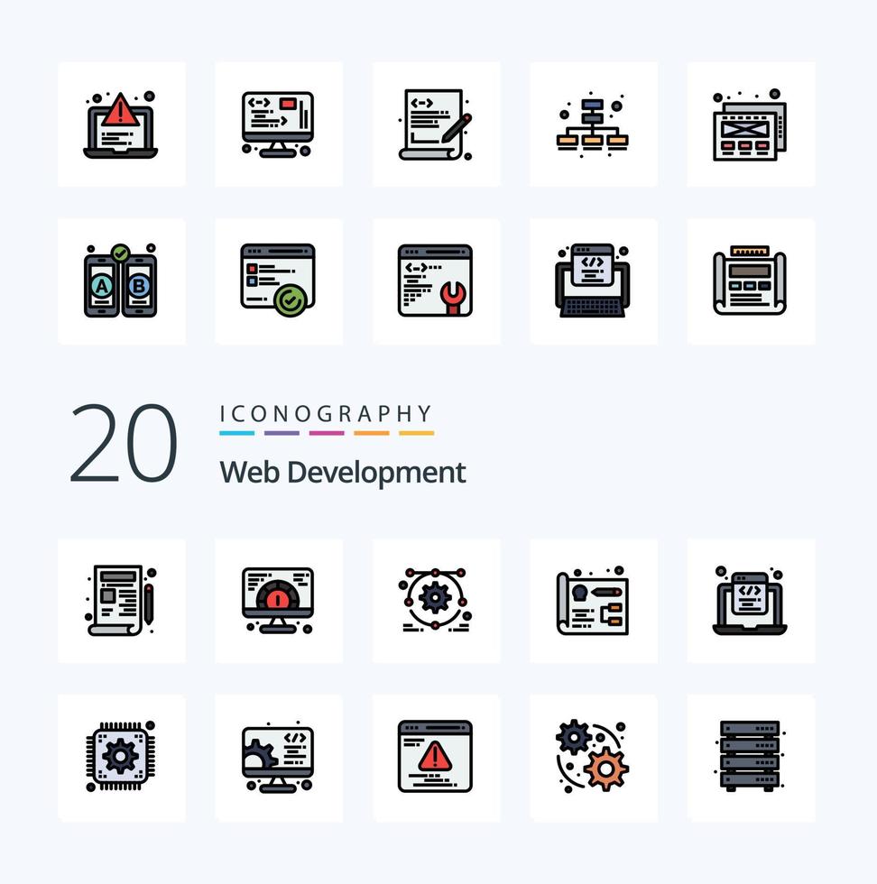 20 linha de desenvolvimento web cheia de ícones de cores como programação desenvolvimento de codificação de desenvolvimento de html vetor