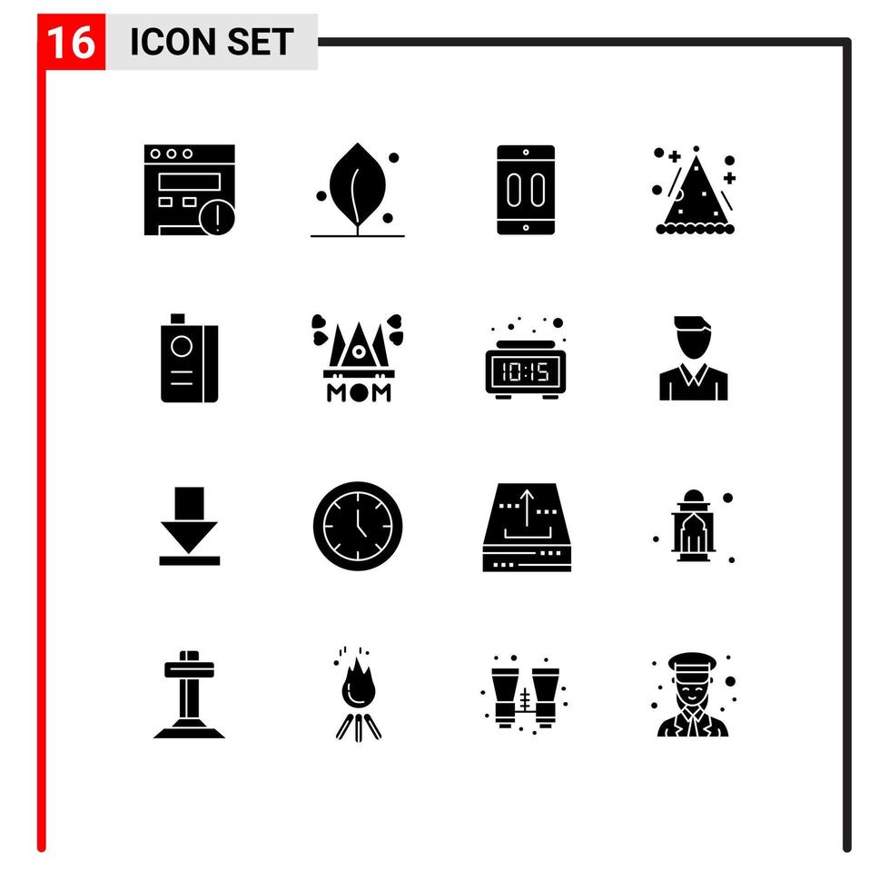 16 sinais de glifos sólidos universais, símbolos de comida e dispositivos, chapéu de festa, elementos de design vetorial editáveis vetor