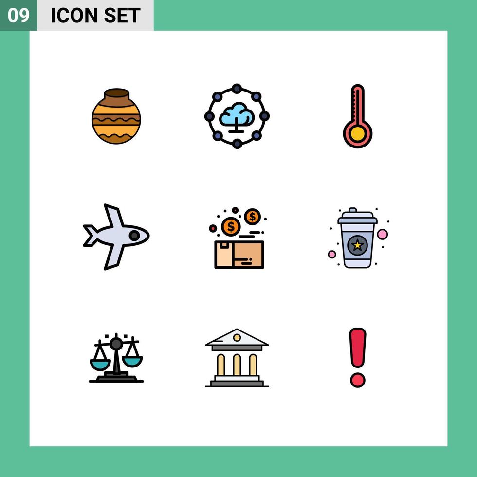 pacote de linha vetorial editável de 9 cores planas de linha preenchida simples do avião de dinheiro de temperatura da caixa do produto elementos de design vetorial editáveis vetor
