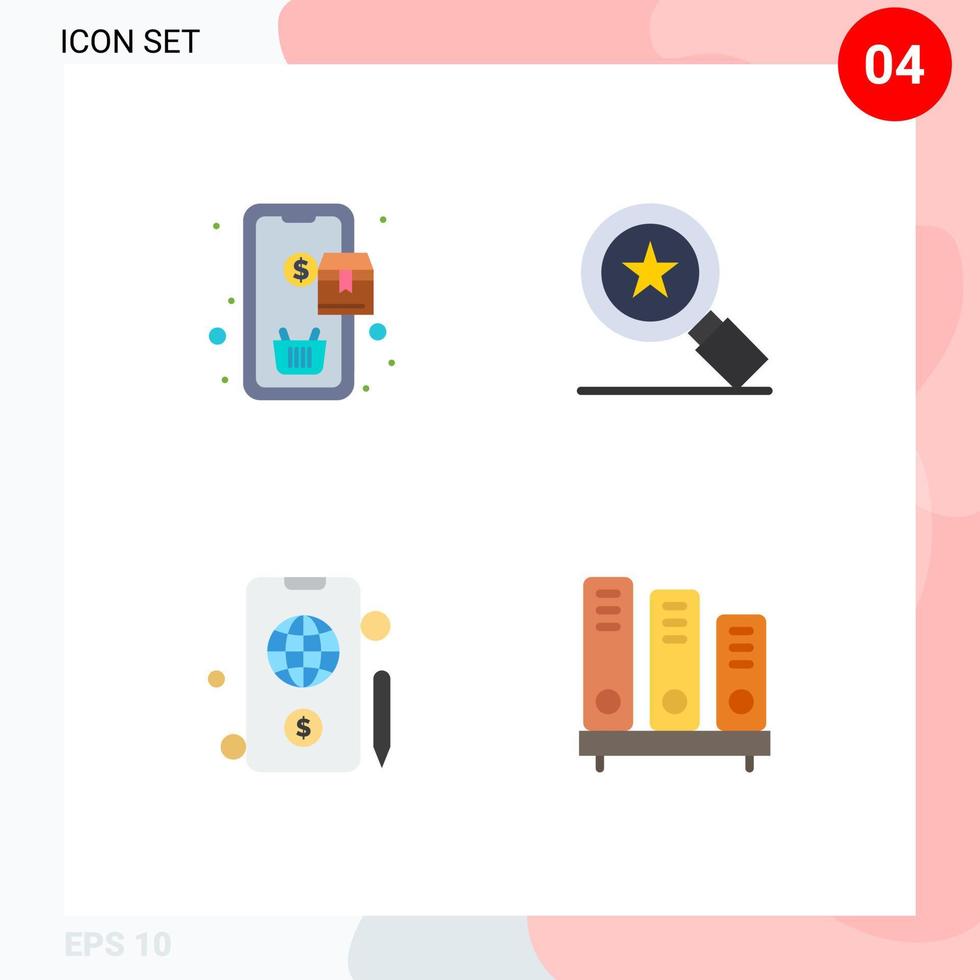 Pacote de ícones planos de 4 interfaces de usuário de sinais e símbolos modernos da biblioteca de crachás de compras em dólares móveis elementos de design vetorial editáveis vetor