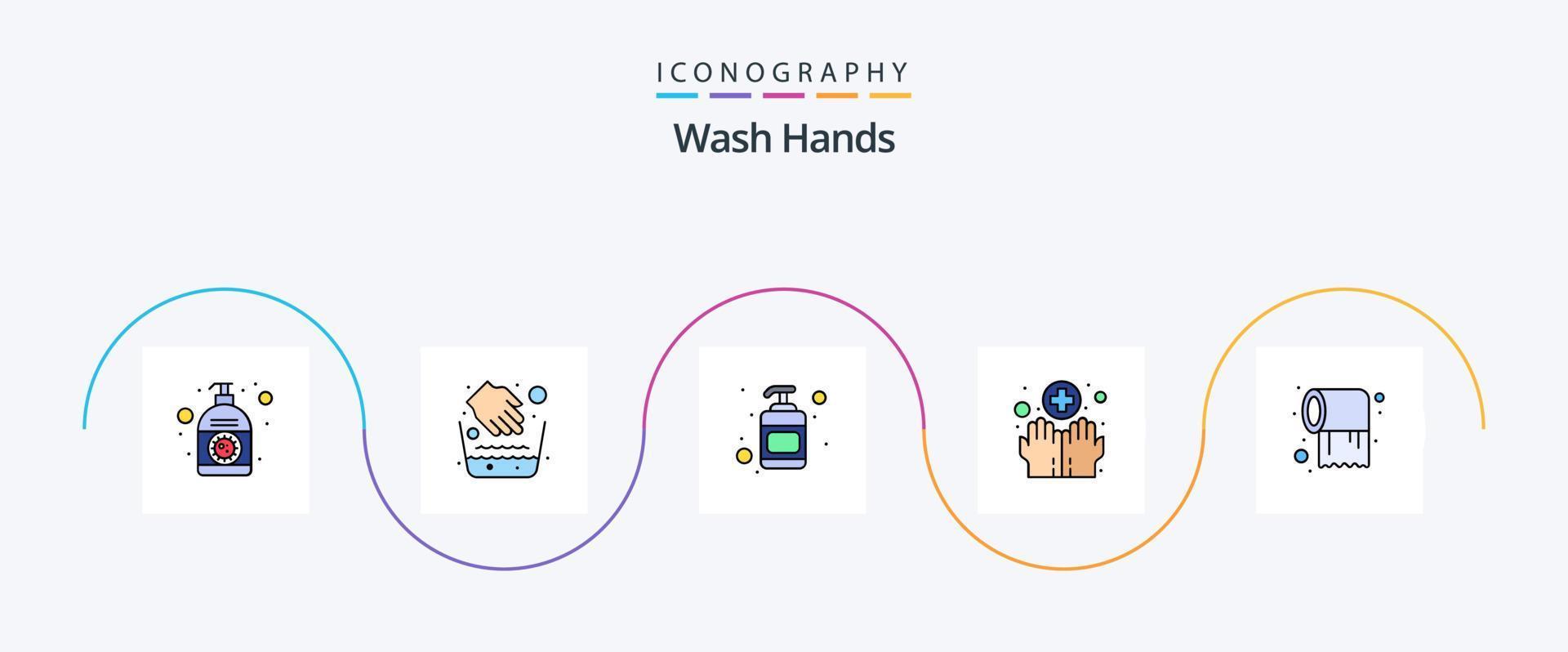 lave as mãos com linha cheia de pacote de 5 ícones planos, incluindo rolo. lavando. tigela de água. médico. mãos vetor