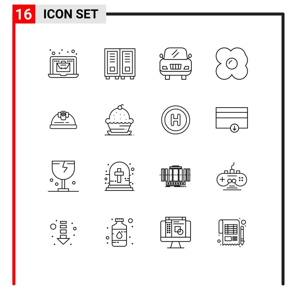 pacote de linha vetorial editável de 16 contornos simples de omelete de engenheiro de carro de construção de bolo elementos de design vetorial editável vetor