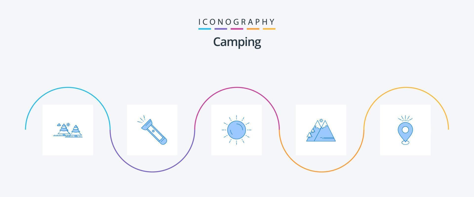 pacote de ícones de acampamento azul 5, incluindo ao ar livre. montanhas. acampamento. verão. pôr do sol vetor
