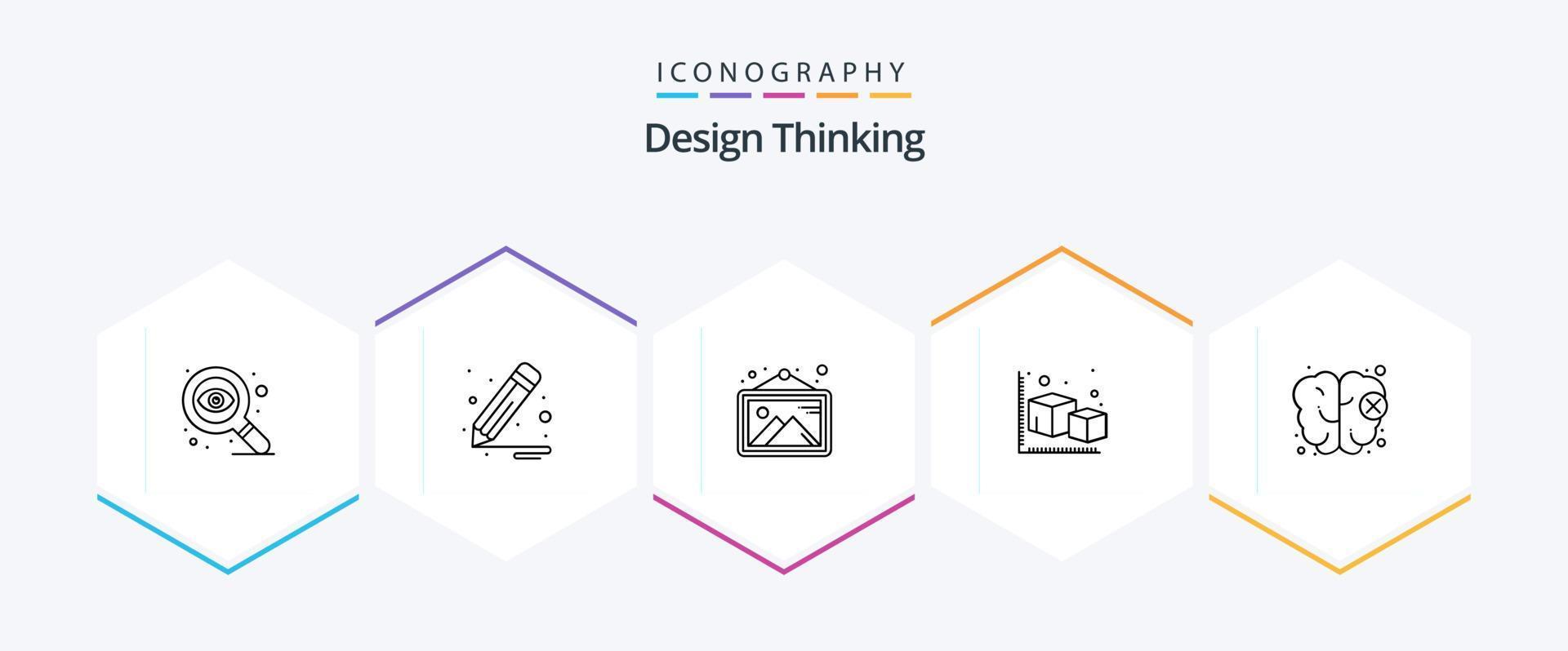 design thinking pacote de ícones de 25 linhas, incluindo mente. cérebro. foto. objeto. cubo vetor